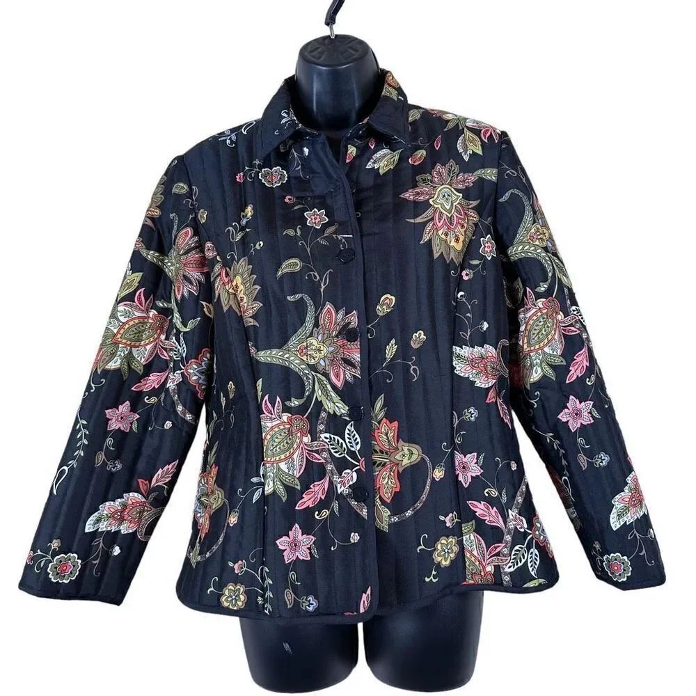 Silkland 100% Black Silk Floral Print Puffer Jacket Women’s Size Petite